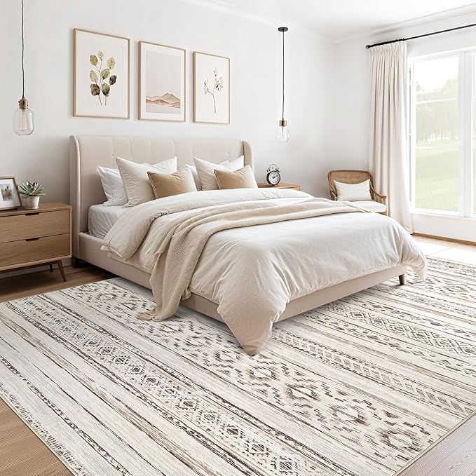 Area Rugs for Living Room Washable Living Room Rug Soft Neutral Indoor Floor Carpet Non-Slip Stain Resistant Modern Boho Rugs for Bedroom Dining Room Kids Room Nursery Office Home Cream Brown