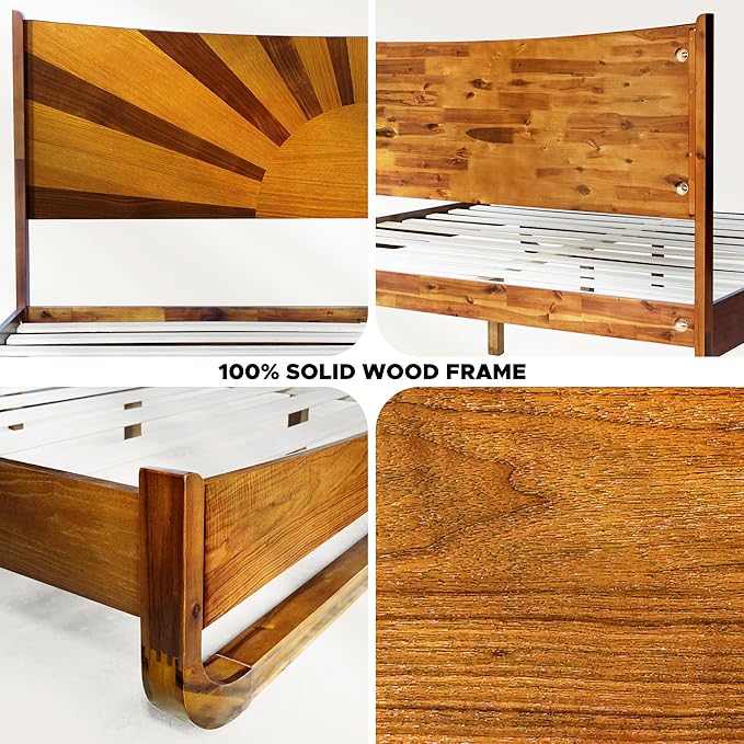 Sunset Solid Acacia Wood Queen Platform Bed, Tall Headboard, Mid-Century Art Deco Design, No Box Spring Needed, Sturdy Slat Support, Scratch & Water-Resistant, Caramel Finish
