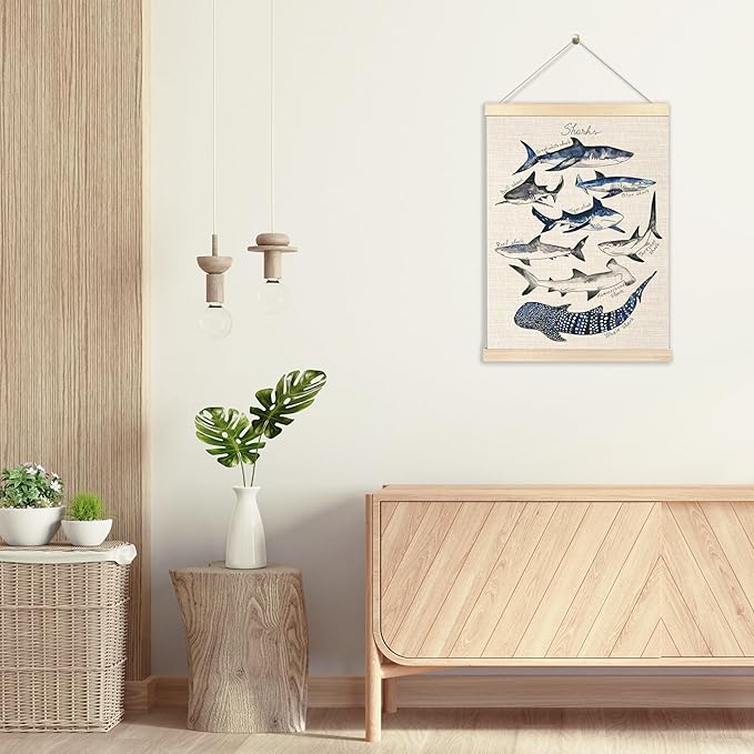 Ecezatik Shark Poster Hanger Frame, Wall Art for Beach Room, Coastal Home Decor, Hanging Decor for Classroom Nursery Boys Room, Gifts for Shark Lovers, 12x16