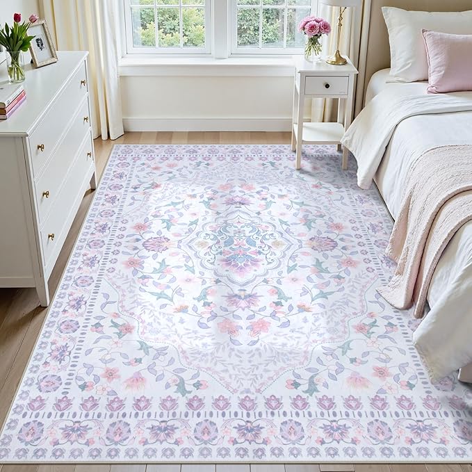Wonnitar Floral Purple Rug for Nursery, Washable 5x7 Kids Rug, Boho Ultra-Thin Soft Non Slip Vintage Carpet for Bedroom Dorm Living Room Playroom Office, Pale Purple