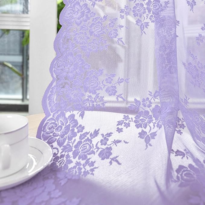 Kotile Light Purple Sheer Curtains 63 Inch Length 2 Panels Rustic Floral Cottagecore Lavender Lace Curtains for Girls Bedroom, Rod Pocket Light Filtering Privacy Sheer Window Drapes, 52 x 63 Inch