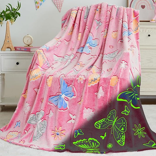inhand Butterfly Toys for 2 3 4 5 6 7 8 9 10 Year Old Girls,Girl Birthday Gifts Glow in The Dark Blanket Butterfly Soft Fleece Decorations for Kids Room（50"X60" Pink Butterfly）