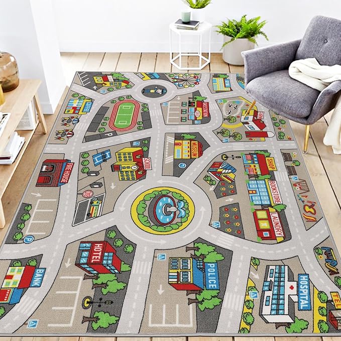 Kids Rug 6'6" x 5'0" City Life Playmat Area Rug Car City Map Washable Traffic Road Educational Learning Nursery Rug Carpet for Children Playroom Living Room Bedroom Classroom Decor Tan