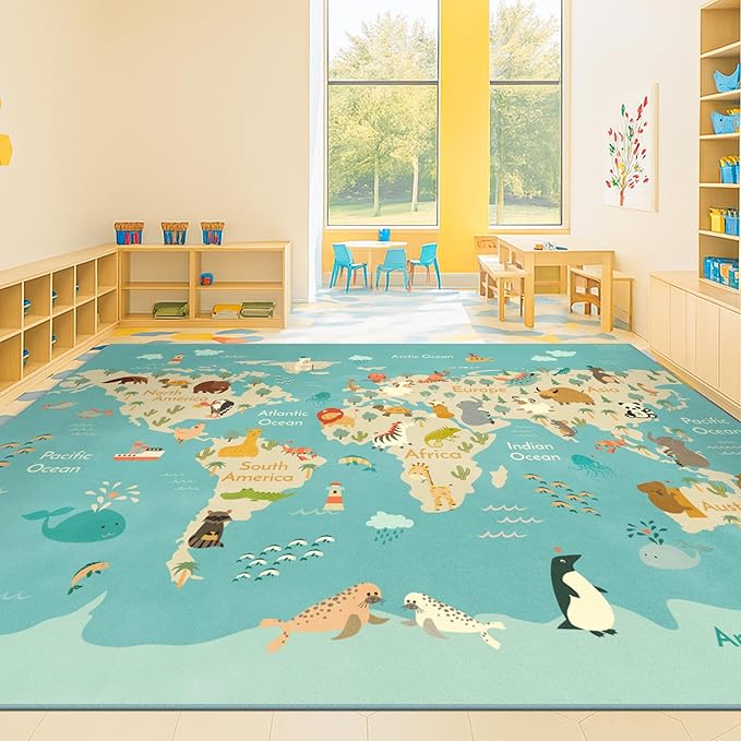 Huge Kids Rugs for Playroom Décor - 9x12 Boho Pastel Classroom Décor for Children Play, Washable Ultra Soft World Map Carpet with Blue Ocean, Continents & Cute Animals
