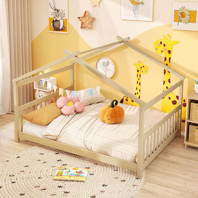 Giantex Full Size Floor Bed, Solid Wood Montessori House Bed with Roof, Headboard and Footboard, Low Full Bed Frame for Kids Teens Girls Boys, No Box Spring Needed, Natrual