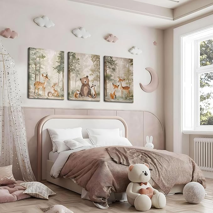 Nursery Canvas Wall Art Set of 3 - Woodland Wild Animals Bear Fox Deer Watercolor Paintings Pictures Wall Decor, Forest Animal Decor for Boys Girls Room Decoration 12x16 inch Framed