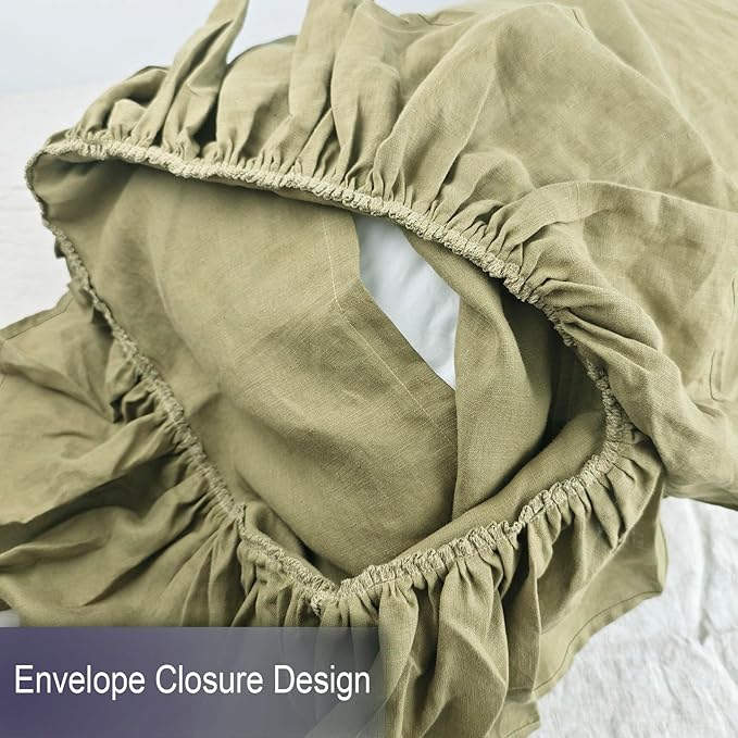 Olive Green Ruffles Linen Pillowcase, 100% French Linen Pillow Cover, Queen Size 1 Piece Farmhouse Shabby Chic Pillow Case, 20''x30'' Pillowcase with Decorative Ruffle Envelope Closure