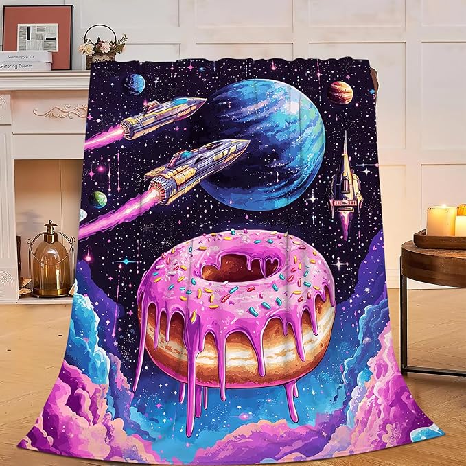 Donut Blanket Space Donut Decor Throw Blanket Super Soft Flannel Lightweight Fluffy Plush Cozy Fuzzy Fleece Food Blanket Gifts for Girl Boys Woman Man Kids Adults for Bed Sofa Couch 40"X50"