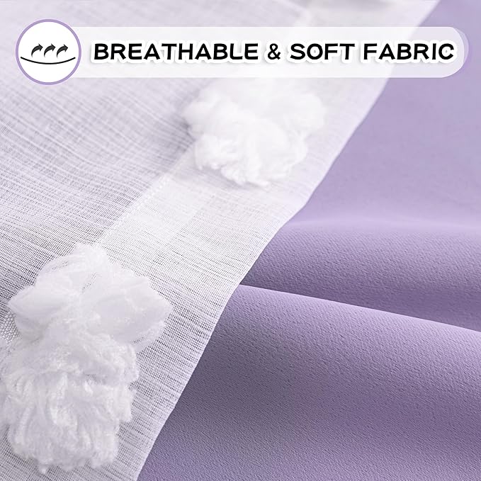 MYSKY HOME Lilac Curtains for Bedroom 72 Inches Long Nursery Curtains Pom Pom White Sheer Curtains for Girls Room Double Layer for Toddler Bedroom Grommet Room Darkening Window Panels 52" x 72"