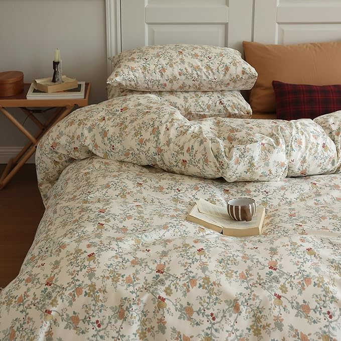 LifeTB Rustic Flower Duvet Cover King Botanical Garden Floral Bedding Set 100% Cotton Vintage Country Style Girls Comforter Cover Flower Branches Pattern Cottagecore Bedding Set King Size