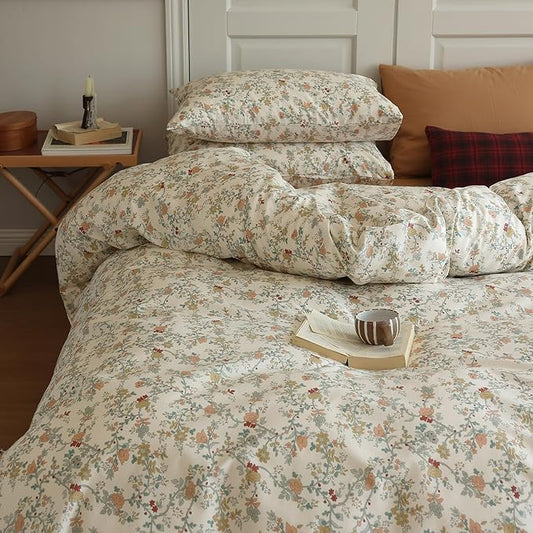 LifeTB Vintage Flower Duvet Cover Set Twin 100% Cotton Botanical Floral Duvet Cover Chic Branches Floral Bedding Set Flower Blossom Comfoter Cover with Zipper Ties Cottagecore Bedding Set