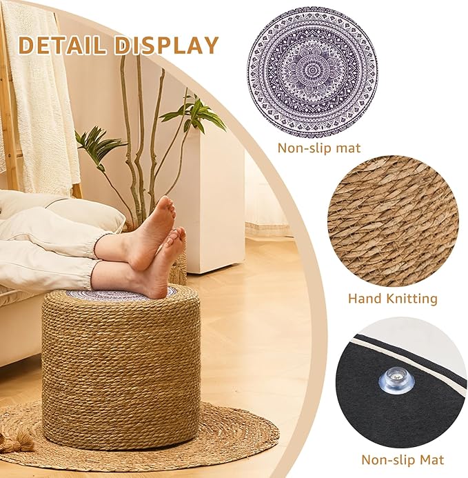 Wimarsbon 18'' Ottoman Pouf, Natural Braided Poof, Rustic Handweave Lounge Pouffe, Boho Footrest Stool for Bedroom, Accent Table for Living Room (18inch Natural Cattail-Boho Style 3)