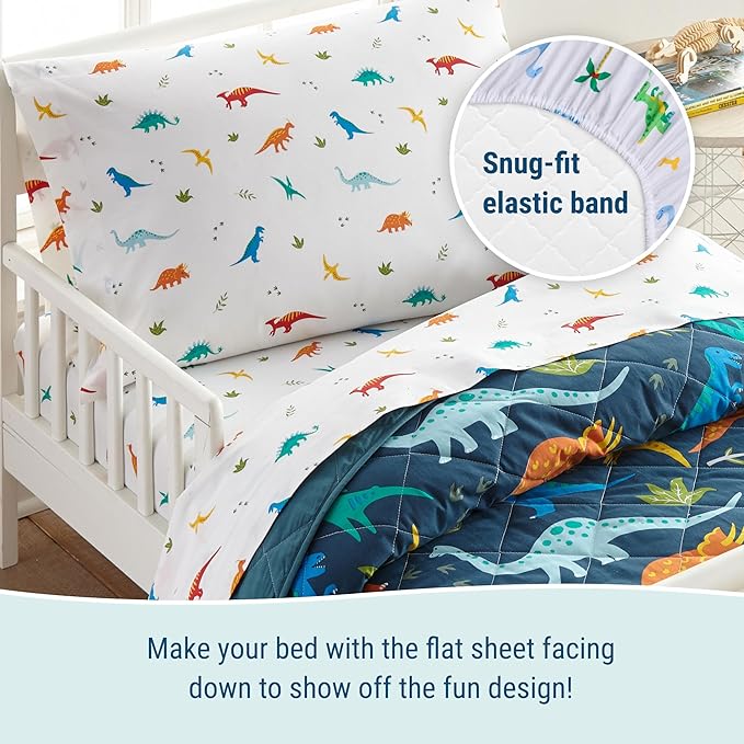 Wildkin 4-Piece Toddler Bed in a Bag – Cotton Comforter, Sheets & Pillowcase for Cozy Cuddles - Jurassic Dinosaurs
