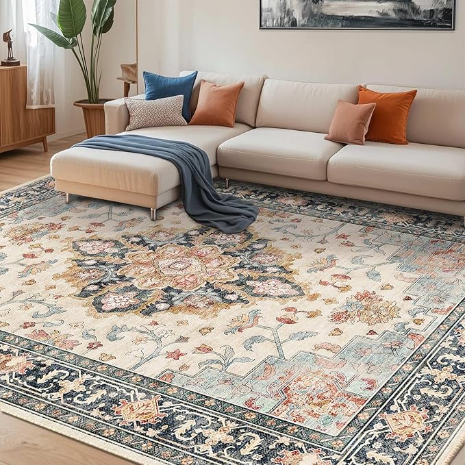Machine Washable Rugs Nursery Rug 8x10 Cute Girl Non Slip Low Pile Water Repellent Soft Print Pattern for Bedroom Indoor Decor Kids Playroom Bluebeige