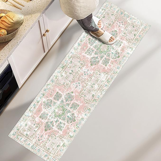 Vhong Boho Area Rugs Vintage Washable Neutral Modern Small Carpet Dusty Pink and Green 2x6 Non Slip Runners for Kitchen Laundry Bedroom Living Room Girls' Room