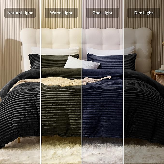 JELLYMONI Plush Duvet Cover Set - King Size Black Striped Fluffy Comforter Cover 3pcs Bedding Set Luxury Ultra Soft Faux Fur Duvet Cover with Zipper and 2 Pillowcases (NO Comforter)