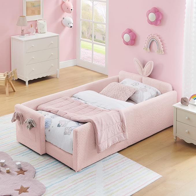 DEINPPA Twin Size Platform Bed Frame with Rabbit Ear Shaped Headboard and Pocket, Boucle Upholstered Bed Frame with Guardrail for Children Kids Boys Girls-Pink