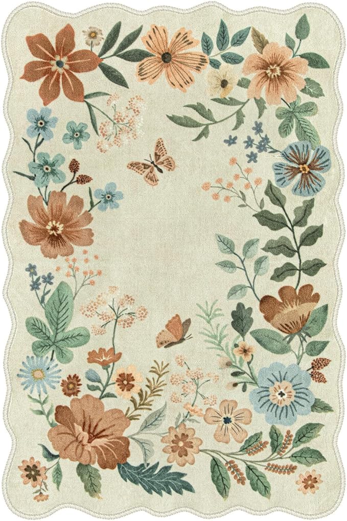 Lahome Floral Small Rug, 2X3 Kitchen Rugs Non Slip Washable Rug Ultra-Thin, Soft Front Door Mat Indoor Entrance Stain Resistant Boho Low-Pile Entry Carpet for Bathroom Bedroom(2x3ft,Beige)
