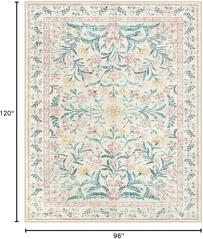 Lahome Large Rugs for Living Room, Boho Machine Washable 8x10 Area Rugs Girls Bedroom Decor, Ultra-Thin Soft Distressed Floral Carpets Non Slip for Office Dining Room, Pink/Multi