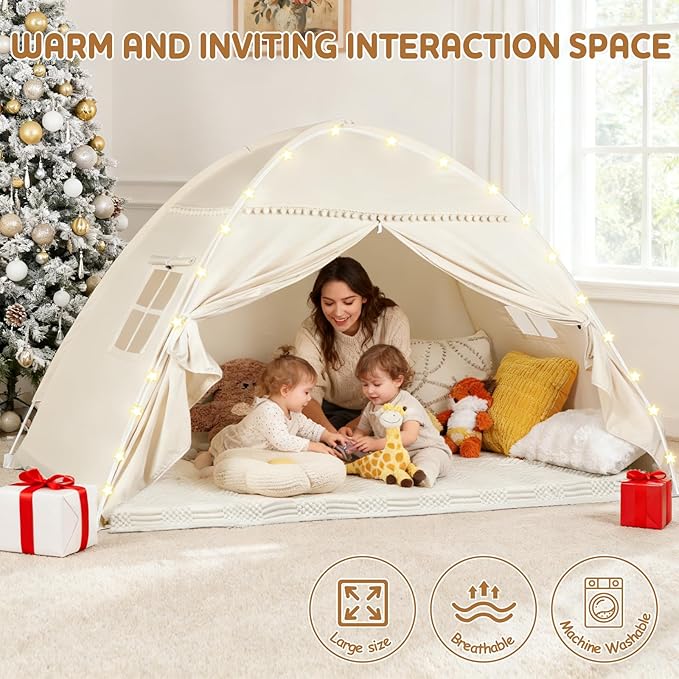Twin Bunk Bed Tent Canopy for Playhouse, Indoor Portable Foldable Privacy Shelter with Breathable Starry Canopy for Girls & Boys Bedrooms (Twin Beige)