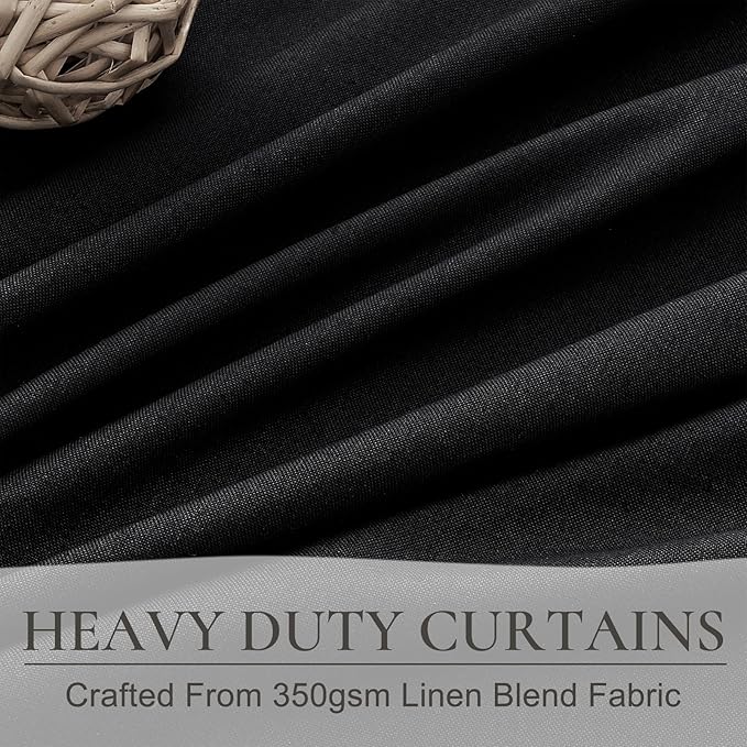Black Boho Pleated Linen Curtains 105 Inch Floor to Ceiling for Living Room, Neutral Black Out Thermal Curtains for Bedroom Windows Heat /UV Blocking Thick Drapes 50"W x 105"L Length 2 Panels