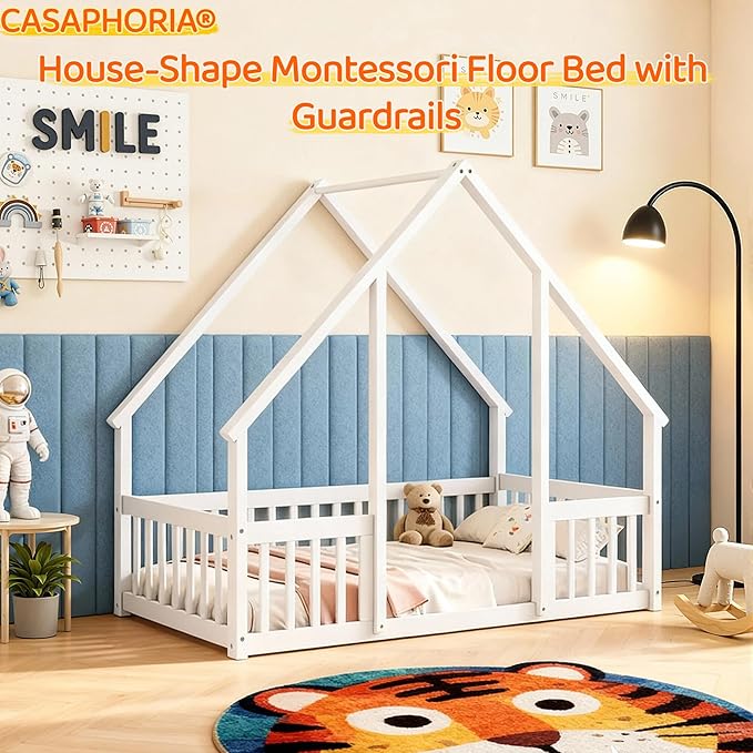 Casaphoria Twin Size House-Shaped Montessori Bedframe, Solid Pine Wood Kids Bed Frame, Toddler Floor Bed with Door & Fence for 1-3 Years Old Kids, White