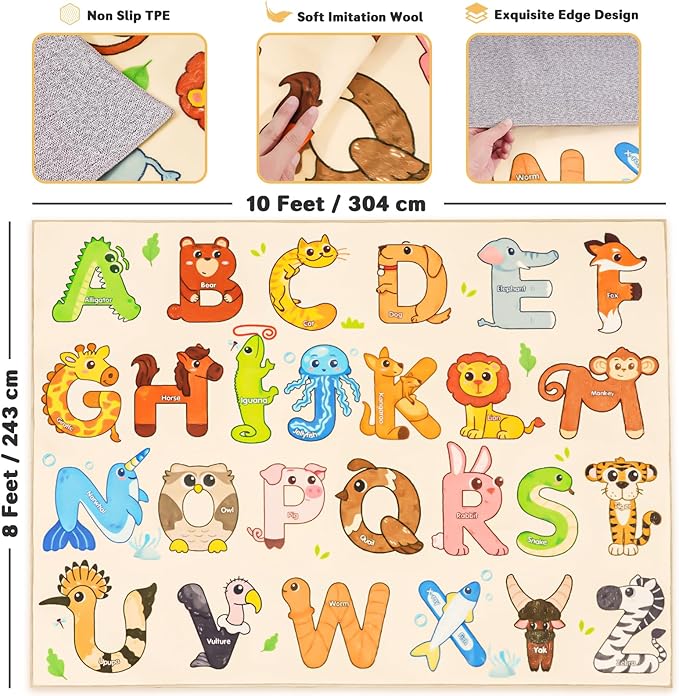 Kids Rugs for Playroom, 8x10 Feet Educational Rug for Learn The ABC Alphabet, Soft Machine Washable Non-Slip Cute Animal Carpet for Classroom Toddler Nursery Kids Room Decor Mat, Beige