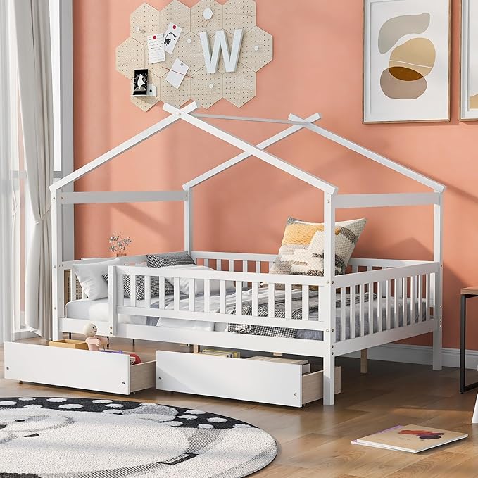 Merax Full Size Wooden House Bed with Two Drawers, Wood Bed Frame with Roof and Safety Guardrail for Kids, Teens, Boys or Girls, White