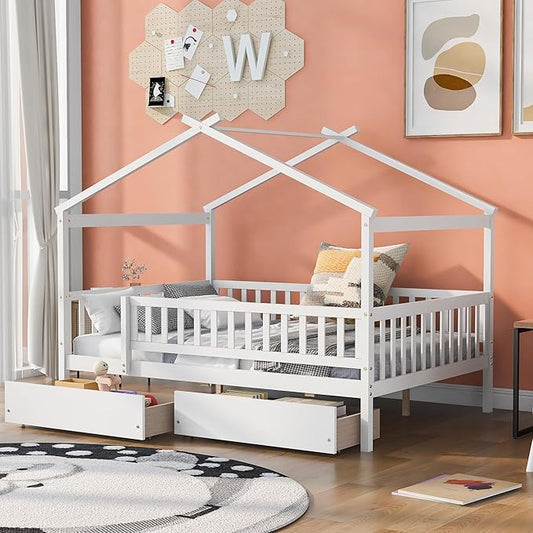 Merax Full Size Wooden House Bed with Two Drawers, Wood Bed Frame with Roof and Safety Guardrail for Kids, Teens, Boys or Girls, White