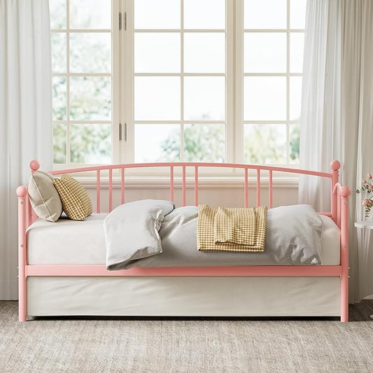 GarveeHome Twin Daybed, Sturdy Metal Day Bed with Steel Slat Support, Arched Headboard Sofa Bed for Living Room, Bedroom and Guest Room, Pink