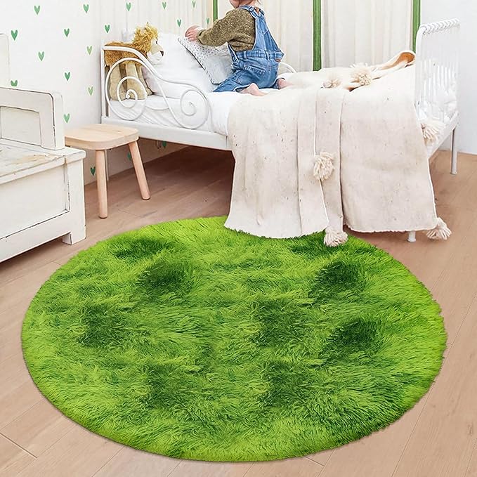 4 ft Fluffy Green Grass Area Rugs for Bedroom,Tie Dyed Plush Circle Rug Shag Round Carpet Fuzzy for Living Room Baby's Toddler's Boys Girls Room Kids Playroom Nursery Decor Aesthetic