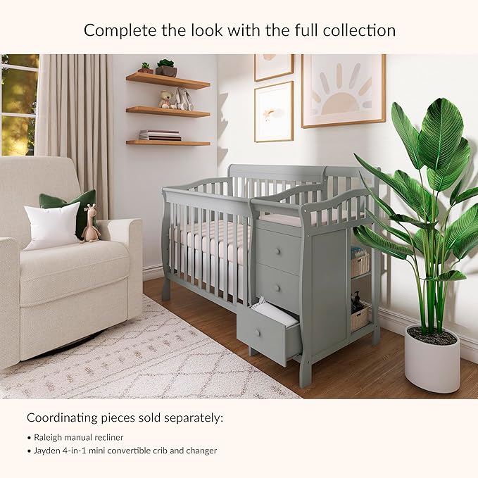 Dream On Me Jayden 4‑in‑1 Mini Convertible Baby Crib & Changer with Storage in Seagrass, Pinewood, GreenGuard Gold & JPMA, 1” Mattress Pad, 3 Mattress Heights, Converts to Mini Day & Twin-Size Bed