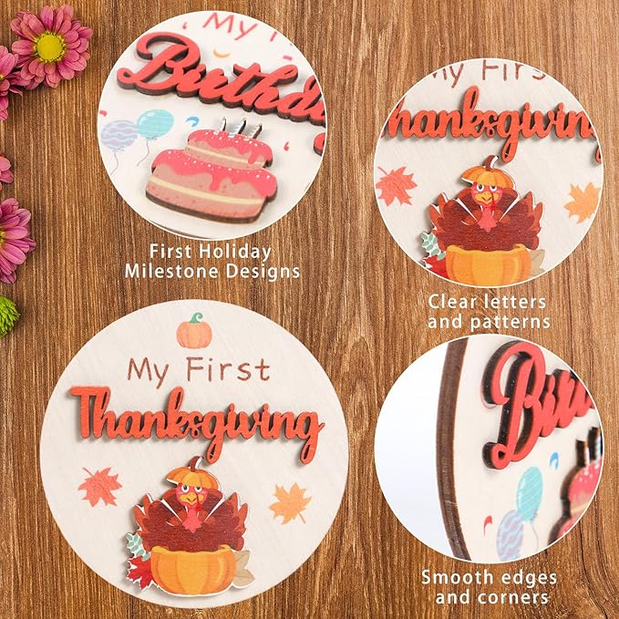 My First Holiday Milestone Signs, 12PCS Baby Holiday Milestone Double-Deck Cards, Wooden Discs Announcement Sign Newborn Photo Props for Baby Shower Party Supplies Gift