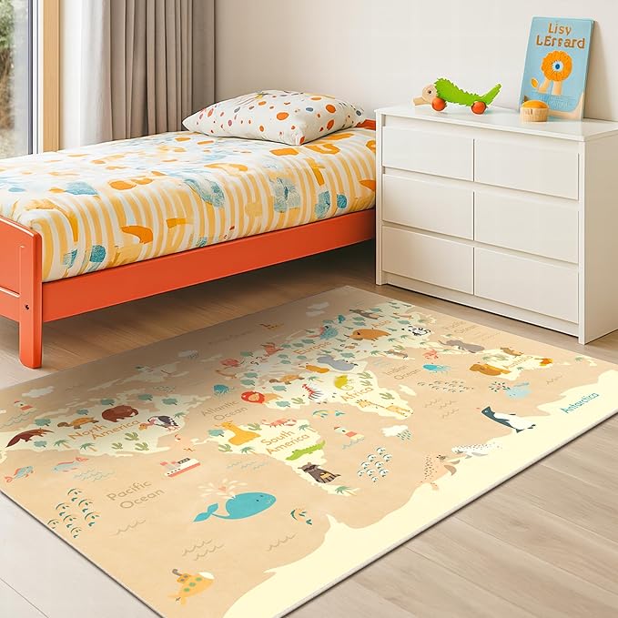 Kids Bedroom Rug with World Map & Animals – 4x6 Educational Washable Play Mat for Playroom, Cute Global Animal, Featuring Continents & Native Wildlife Carpet for Dorm or Classroom - Soft Beige