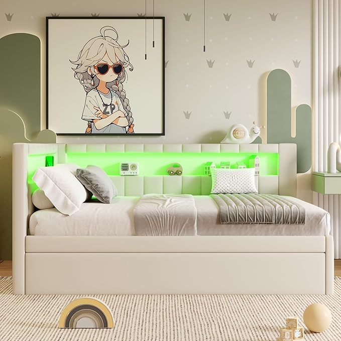 Full Size Soft Daybed with Trundle, Storage Shelves and LED Belt, Linen Upholstered Corner Bed with L-Shaped Bookshelf Headboard and USB Charger for Kids Boys Girls, White