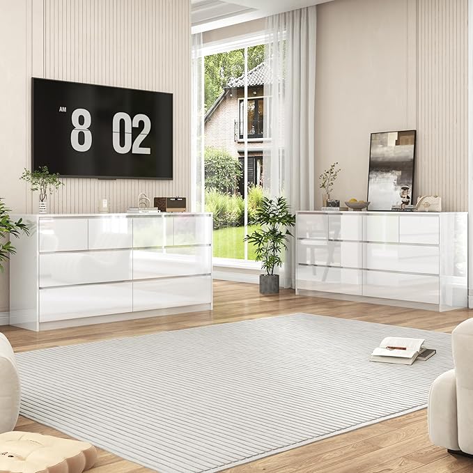 White Malm Dresser for Bedroom, 63 Inch Full High Gloss Dresser with 8 Drawers, Modern Large Wood Chest of Drawer Handle Free, Living Room, Entryway, Hallway, White