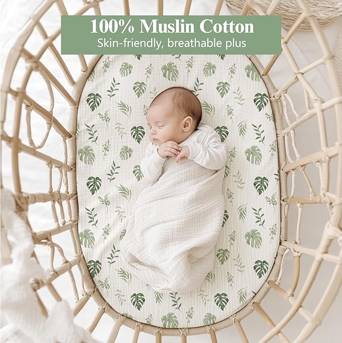 Baby Muslin Bassinet Sheets 3 Pack for Boys & Girls, Soft Breathable Cotton Bassinet Mattress Cover, Universal Fit for Hourglass, Oval, and Rectangle Mattress (Leaf Green)