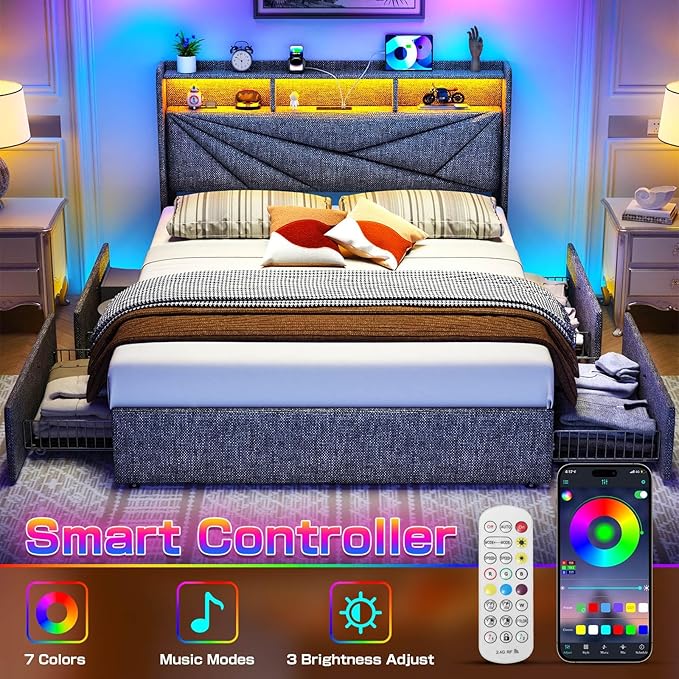 LED Full Size Bed Frame with 4 Storage Drawers, Upholstered Full Bed Frame with 2-Tier Headboard and Charging Station, No Box Spring Needed, Easy to Assembly - Dark Grey