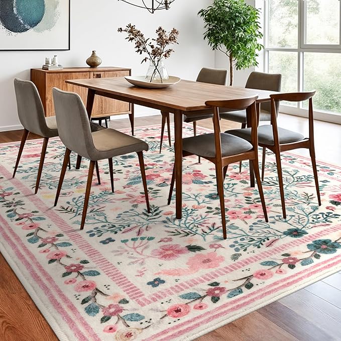 Rugs for Living Room 8x10, Pink Boho Thin Washable Non-Slip Area Rugs for Bedroom Girls, Soft Floral Low-Pile Nursery Carpet for Dining Room Kids Room Indoor Playroom, Pink/Multi