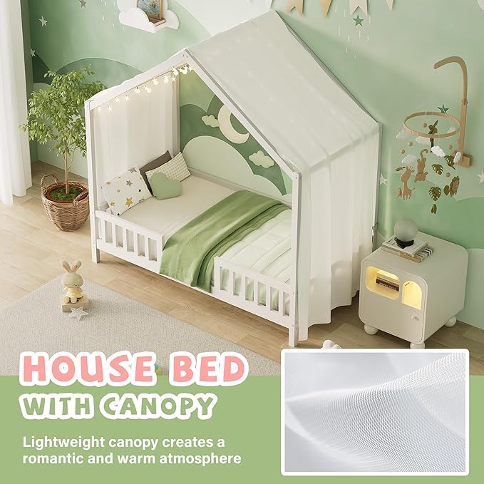 Montessori Floor Bed with Canopy, High Railings and Roof, Twin Size Wood House Bed Frame for Kids Bedroom (White/C2)
