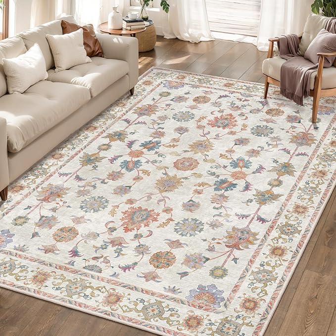 Tangsoo Washable Area Rug, 5x7 Pottery Barn Neutral Floral Rugs for Bedroom Living Room, Vintage Boho Non Slip Low Pile Beige Carpet for Farmhouse Nursery Office Laundry, Pet & Child Friendly