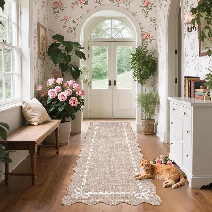 GarveeHome Scalloped Bow Rug for Living Room, Solid Camel Rug for Dorm, Washable Runner Rugs 2x6 Soft Low Pile Non Slip Scalloped Rugs for Nursery Bedroom Decor Hallway Entryway Playroom