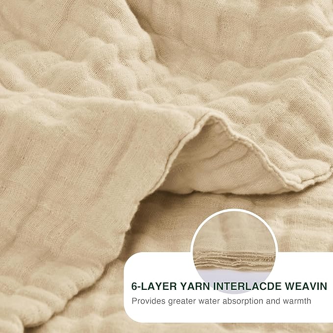 Love's cabin 6 Layer 100% Cotton Muslin Blanket, 90"x90" Muslin Blanket Queen for Couch Bed, Lightweight and Breathable Cotton Gauze for Adult, Khaki