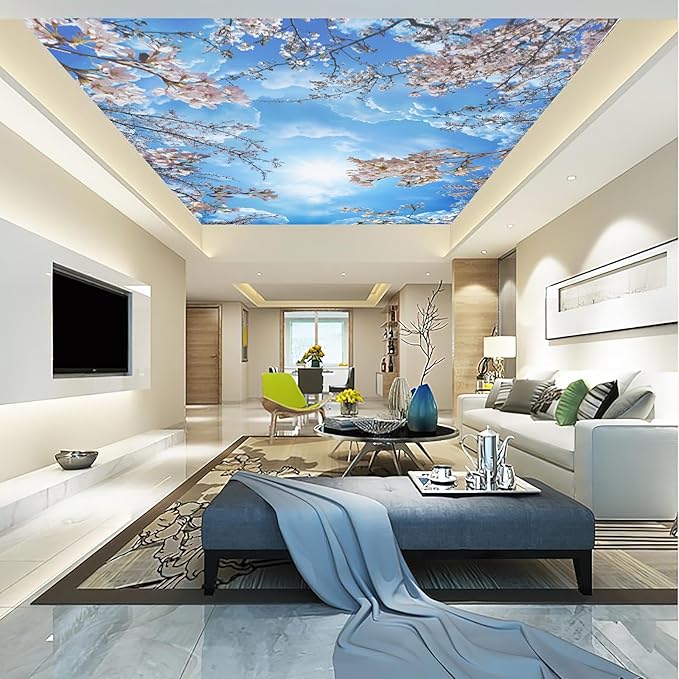 Sky Cherry Blossom Ceiling 3D Wall Mural Wallpaper 178" x 117"