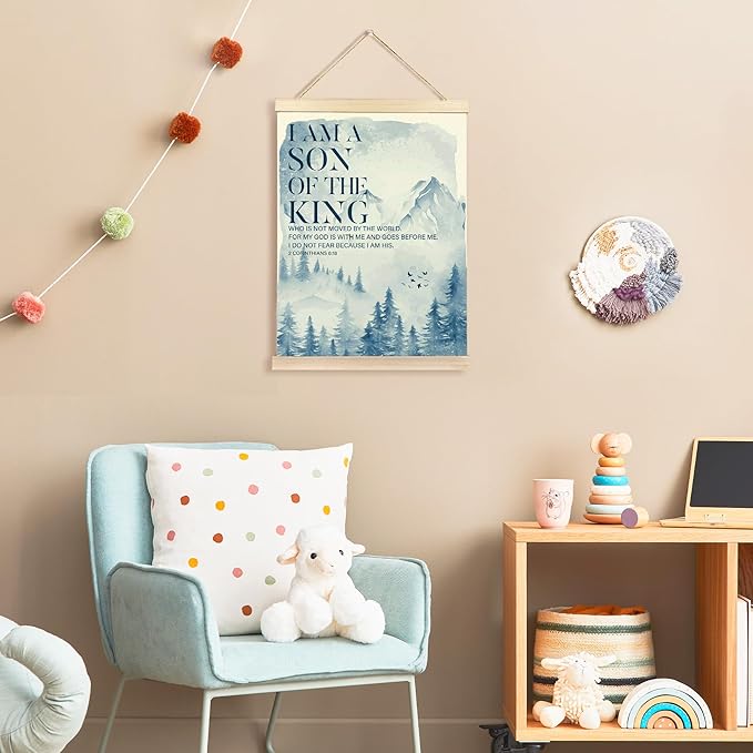 Hiuwevt Christian Nursery Wall Art, I Am a Son of the King Bible Verse Poster Hanger Frame, Blue Mountain Forest Inspirational Wall Art Home Decor for Kids Boys Room Bedroom Nursery Playroom, 12x16 Inch
