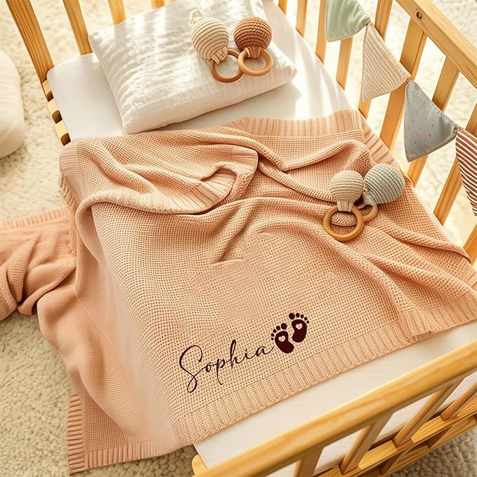 Luxury Personalized Baby Blanket, Soft Breathable Cotton Knit, Custom Embroidered Name Blanket, Newborn Baby Gift, Baby Shower Present, Gifts for New Mom, Baby Girl & Boy Style 2