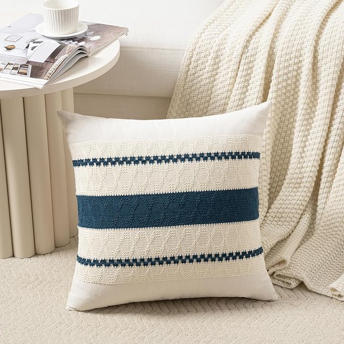 Fancy Homi Set of 2 Boho Teal Decorative Throw Pillow Cover 22x22 Inch for Couch Bed Sofa, Aesthetic Modern Organic Farmhouse Home Decor, Soft Cotton Cute Accent Macrame Woven Cushion Case