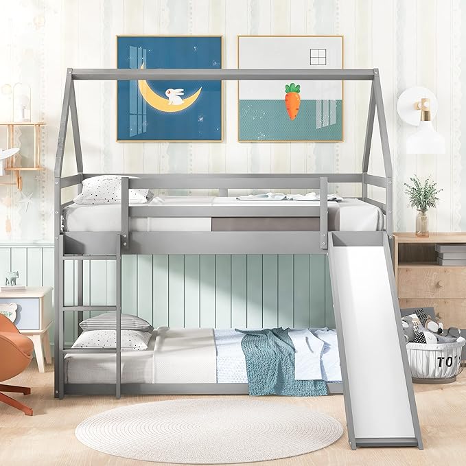 MERITLINE House Shaped Bunk Bed Twin Over Twin Size Wood Bunk Bed with Slide Low Bunk Beds for Boys and Girls, Twin Size, Grey
