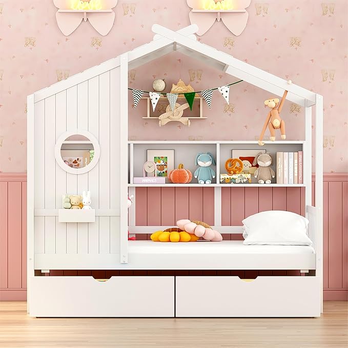 Modern Twin Size House Bed with Roof and Window, Wooden Daybed Frame with Shelves and 2 Drawers,Bedroom Furniture for Girls & Boys (White+2 Drawers/)