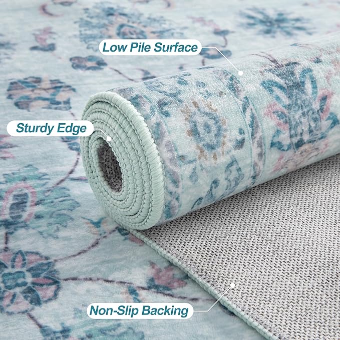 Tangsoo Floral Small Rug 2x3 Washable Rug for Entryways Vintage Non-Slip Area Rugs Light Blue Entry Rugs Distressed Floor Carpet Soft Low Pile Door Mat for Entrance Bedroom Kitchen Foyer Decor